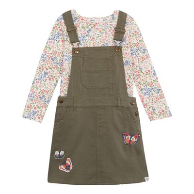 Girls' khaki butterfly appliqu dungaree dress and floral print top set